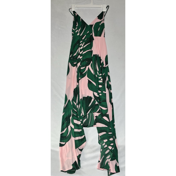 Express Asymmetrical Midi Dress 4 Pink Green Palm Print Strappy Back Sundress - Picture 1 of 12